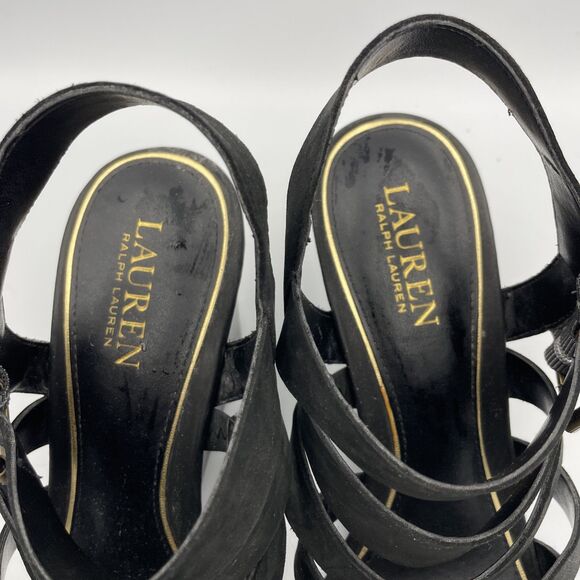 Lauren Ralph Lauren Sandals Linda Black Leather Wedge Thong Dressy Summer 10B - Picture 4 of 9